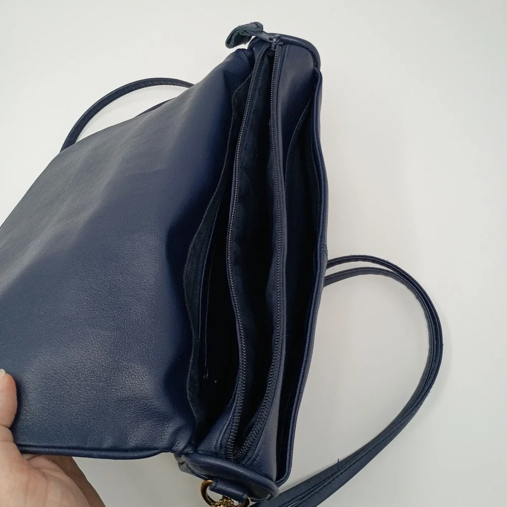 Vintage Cabin Creek Leather Shoulder Bag Purse Navy Blue Gold 90s Office Cottage